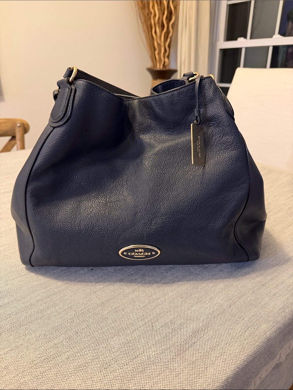 Coach Edie (33547) Navy Pebbled Leather Shoulder Bag with Gold Hardware